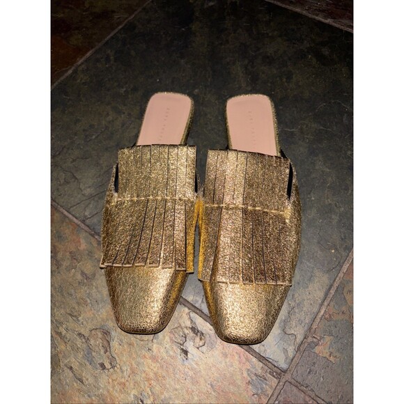 Zara Gold Square Toe Mules Slides Metallic Women Fringe EU 38 - Picture 11 of 11